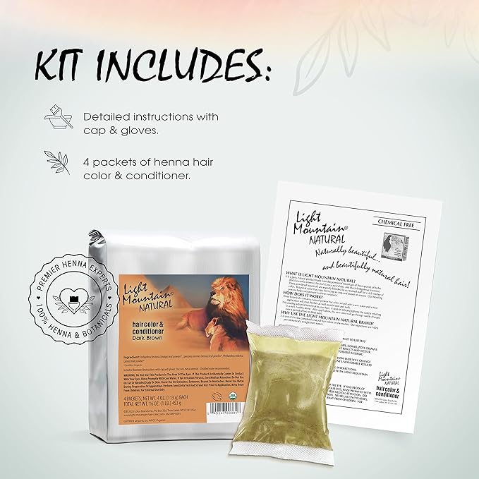 Light Mountain Henna Hair Color &amp Conditioner Bulk 1 Pound ? Dark Brown Hair Dye Organic Henna Leaf Powder and Botanicals Chemical-Free Semi-Permanent Hair Color + 4 Hair Clips