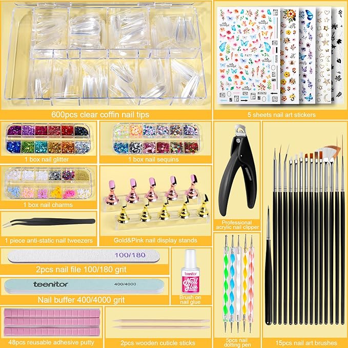 Teenitor Press On Nail Kit - Clear Coffin Nail Tips Art Brushes Dotting Pen Glitter Stickers &amp Rhinestones