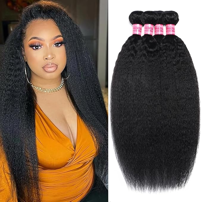 Kinky Straight Bundles Human Hair Yaki Straight 16 18 20 22 Inch 4 Bundles 12A 100% Unprocessed Brazilian Human Hair Quick Weave Kinkystraight Bundles Natural Black Hair Extensions