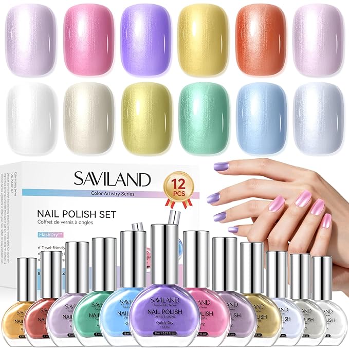 SAVILAND Quick Dry Nail Polish Set: 12 PCS Fingernail Polish 12-Free Metallic Nail Polish Colors Long Wear Nail Lacquer DIY Nail Art for Students Ladies Office Home Gift Christmas 8 ml