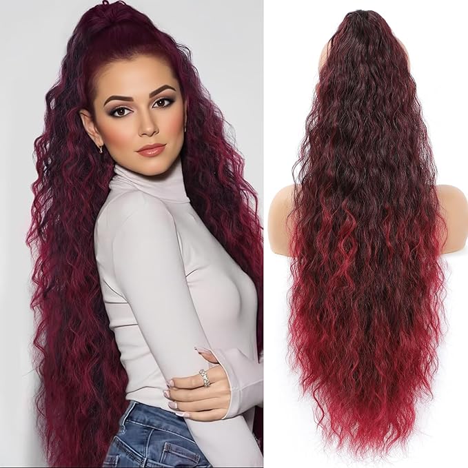 Claw Clip in Ponytail Extension 30 Inch Long Wave Curly Pony Tail Hair Extensions for Women fluffy Natural Looking Synthetic Hairpiece for Daily Use.(Omber Burgundy 30Inch)