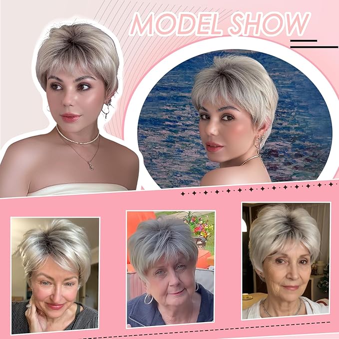 WIGYY Silver Grey Pixie Cut Wig for White Women Short Curly Synthetic Wig with Bangs Upgraded Glueless Cap Heat-Resistant Lightweight Wig for Older Women Daily Wear