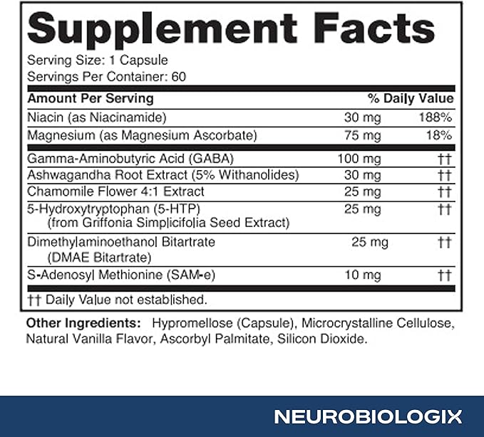 Neuro biologix Mood Plus for Men and Women Advanced Supplement with GABA 5-HTP Ashwagandha Magnesium &amp Chamomile for Emotional Balance Serotonin Support &amp Relaxation 60 Capsules