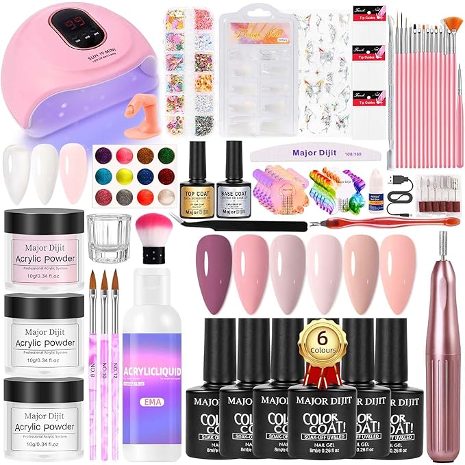 Major Dijit Acrylic Nail Kit with Drill - Starter Set with White Pink Clear Acrylic Powder 6 Gel Polishes UV LED Lamp Nail Decorations and Tools for Home Manicure