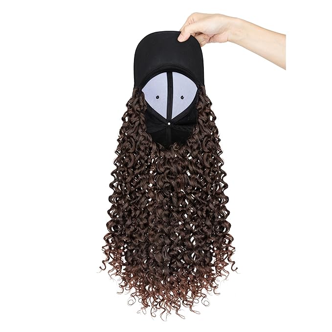 TESS Black Baseball Cap with 20'' Long Coily Synthetic Hair Extensions for Women and Girls - Adjustable &amp Breathable Wig Cap for Daily Use Outdoor Activities