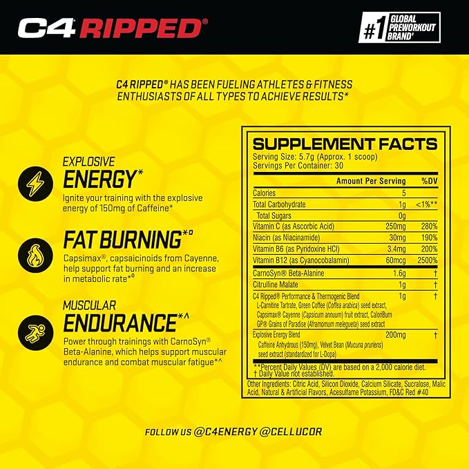 Cellucor C4 Ripped Pre Workout Powder for Energy Beta Alanine Sugar Free Energy Supplement Preworkout for Men &amp Women - 150mg Caffeine + Creatine-Free - Cherry Lemonade - 30 Servings