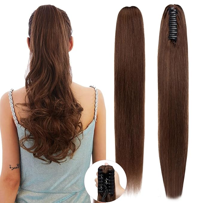 Claw Clip Ponytail Extension Human Hair Long Straight Clip in Ponytail Hair Extensions Real Hair Ponytail Extension22inch #4 Chocalate Brown120g