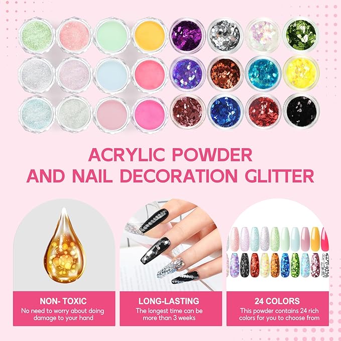 COSCELIA Acrylic Nail Kit for Beginners with Everything 4PC Acrylic Powder 24 PCS Glitter Powder Professional Nail Drill Light Rhinestones Tips Set Christmas Gifts for Women