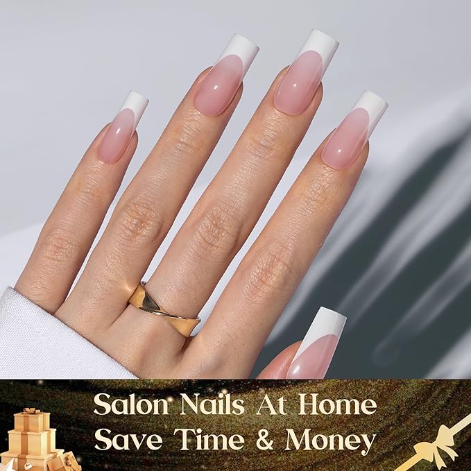 Beetles X Press Plus On Nails Kit - Rose French | Pink Long Square French Tip Press On Nails | 224Pcs 16 Sizes All-in-One Kit With Nail GlueRemoverBuilder Top CoatNail Lamp