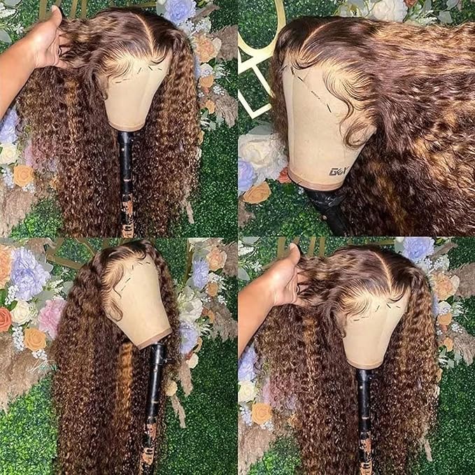 Curly Human Hair Wig Highlight P4/30 Lace Frontal Closure Deep Wave Human Hair Wig Pre Plucked Pre Cut Lace Frontal Closure Closure Glueless Wigs Elastic Band 200% Density 18 Inch