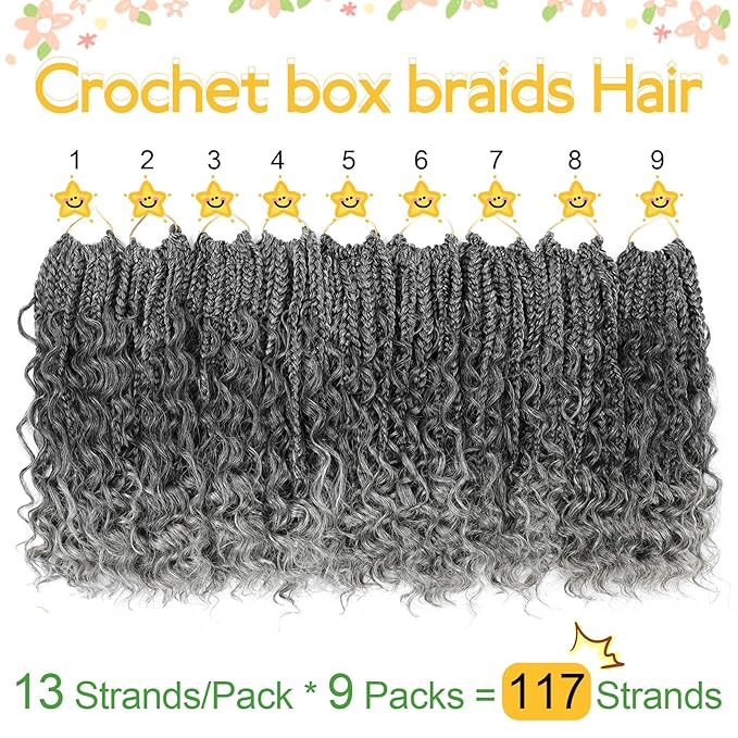 Fulcrum Goddess Box Braids Crochet Hair 10 Inch9 Packs Boho Box Braid Crochet Hair for Women Pre-looped Bohemian 3X Crochet Braiding Hair with Curly Ends(10Inch Tgray#)