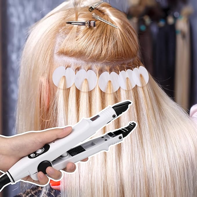Hair Extensions Iron Fusion Keratin Hair Extensions Heat Tool Heat Connector Wand with Fusion Glue Protector Template Hair Clip Finger Protector 2 Bag Keratin Glue Granule Bead(White)