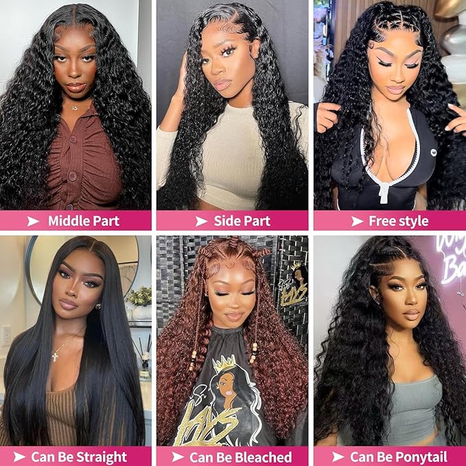 13x6 Lace Front Wigs Human Hair Water Wave 200 Density 13x6 HD Full Lace Frontal Wigs Pre Plucked Wet and Wavy Glueless Deep Curly Human Hair Wigs for Women Natural Black 22 Inch