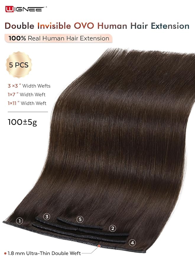 WIGNEE OVO Brown Hair Extensions ? 20 Inch 100% Remy Human Hair Dual Hand-Tied Double Invisible Weft Micro Beaded Sew-In Glueless Seamless Soft Silky Hair Extensions