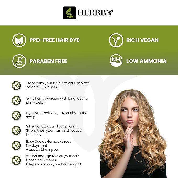 HERBBY Hair Color Shampoo for Gray Hair Coverage&ampColor Transform with 9 Herbal Extracts ?Long Lasting(6-8 Weeks)ShinyEvenly ColoredInstant Hair Dye Shampoo&ampConditioner 500 Ml (BLONDE BROWN