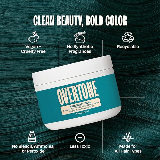 oVertone Semi Permanent Hair Color Conditioner Midnight Teal 8 oz Nourishing Damage-Free Color Depositing Mask for All Hair Types with Shea Butter &amp Coconut Oil Vegan &amp Cruelty-Free