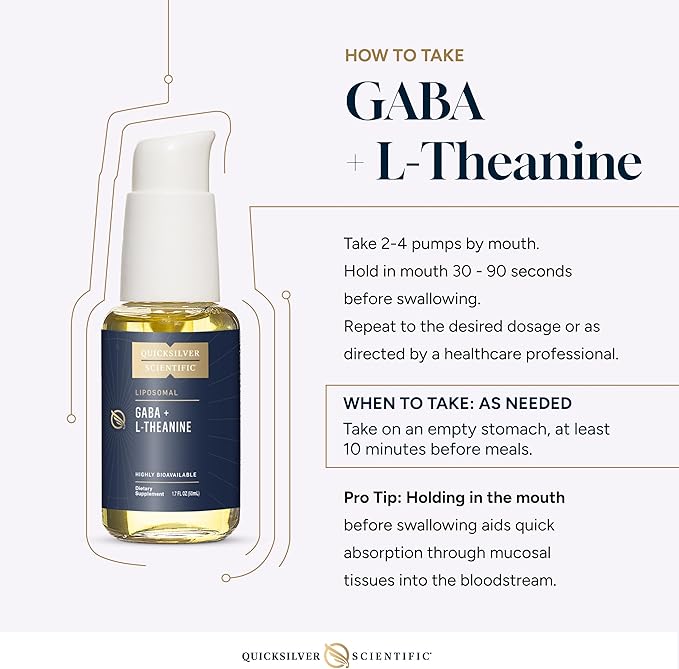 Quicksilver Scientific Liposomal GABA + L Theanine - Calm Stress Response &amp Brain Support - Bioavailable GABA Supplement with L Theanine 100mg (1.7oz/50ml)