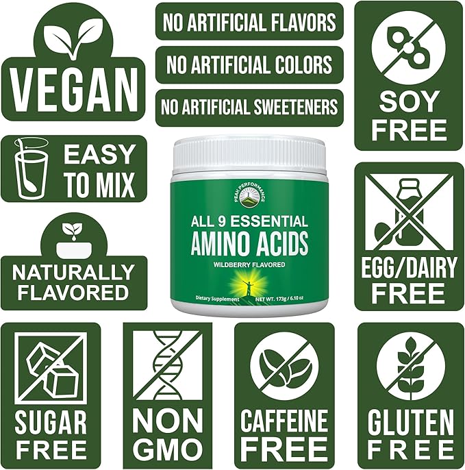 All 9 Essential Amino Acids Powder with 26 Clinical Studies. EAAs 32X Effective vs BCAA/BCAAS Branched Chain Aminos. Pre or Post Workout EAA Supplement. Perfect for Energy Muscle Growth. Wildberry