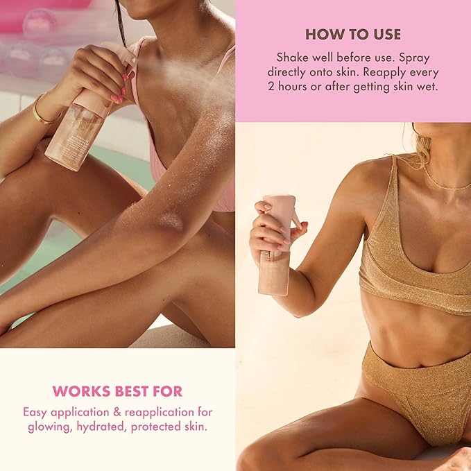 Kopari Rose Gold Sunglaze Sheer Body Mist Sunscreen SPF 42 Infused with Shimmering Body Oil Hydrating Mist Hydrates Brightens Makeup Friendly Gives Skin a Glowy Finish Lightweight