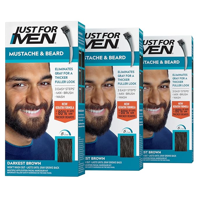 Just For Men Mustache &amp Beard Beard Coloring for Gray Hair with Brush With Keratin Biotin Aloe and Coconut Oil for Healthy Facial Hair - Darkest Brown M-50 Pack of 3 (Packaging May Vary)