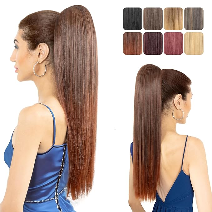 Ponytail Extension 24 Long Straight Claw Clip Ponytail Extension clip on ponytails hair clip Hair claw clip Fake Ponytail Hairpieces for Women ? Dark Brown with Copper Red End