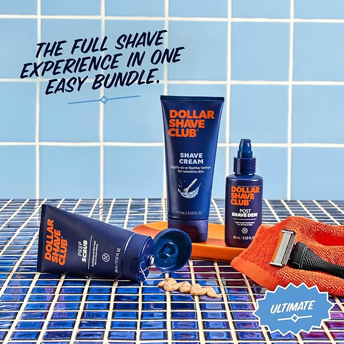 Dollar Shave Club | Ultimate Shave Set | 4 Extra Close Refill Cartridges 1 Handle 1 Prep Scrub 3 ounce 1 Shave Cream 6 ounce 1 Post Shave Dew 3.4 ounce
