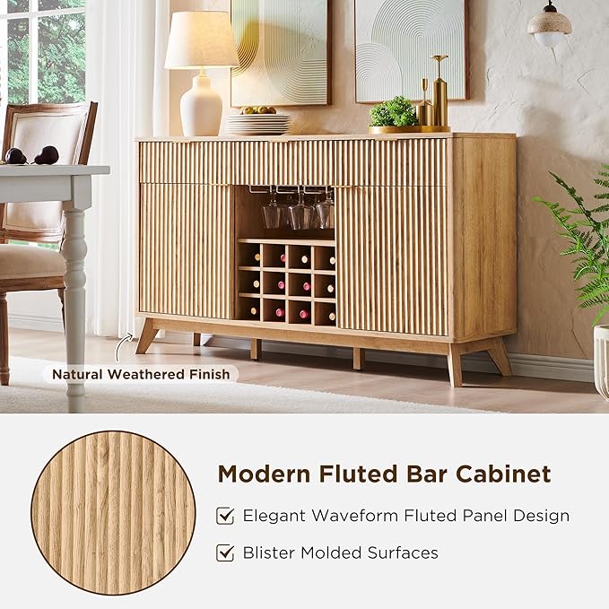 OKD 60 Fluted Buffet Cabinet with Storage - 3 Drawers and 2 Doors Mordern Wine &amp Coffee Bar Cabinet with Wine and Glass Racks Sideboard with Adjustable Shelves for Kitchen Dining RoomNatural