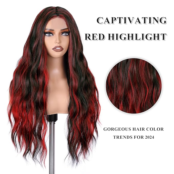 FAVE Red and Black Wig Long Synthetic Red Wig Natural Wavy Wig for Black Women Dark Red Wig for Daily Part Use 28IN(Red Highlight)