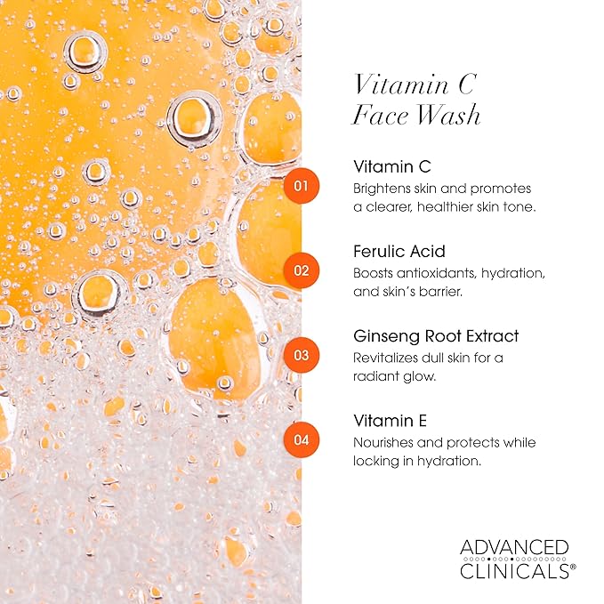Advanced Clinicals Exfoliating Glycolic Acid &amp Salicylic Acid Face Wash + Hydrating Vitamin C Facial Cleanser 2pc AM/PM Skin Care Set For Women &amp Men To Gently Exfoliate &amp Cleanse Dirt &am