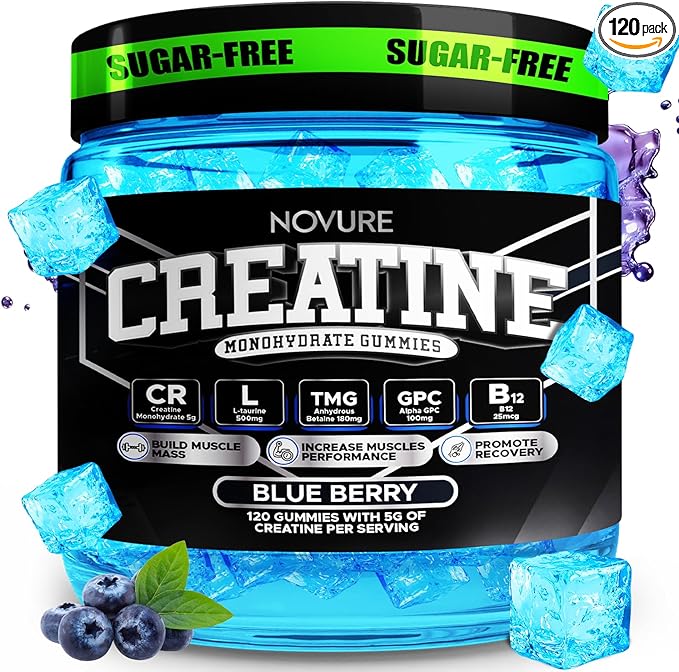 Creatine Monohydrate Gummies 5000mg ? Advanced Muscle &amp Focus Blend with Alpha GPC B12 &amp Taurine ? Vegan Sugar-Free Blueberry &amp Raspberry Flavors ? Made in USA 120 Gummies (30 Servings