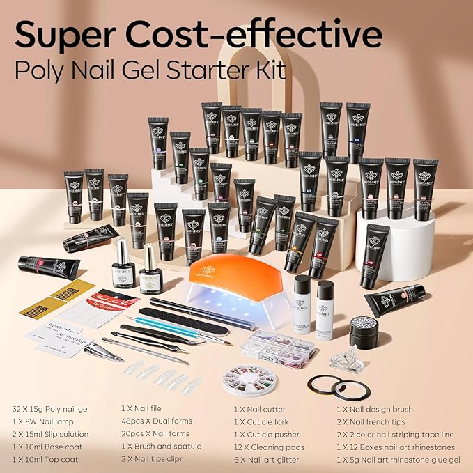 Modelones 133pcs Poly Nail Gel Kit 32 Colors Earthy Tones Complete Extension Gel Nail Kit with 8W Lamp Slip Solution Builder Tools for Starter DIY Salon Use