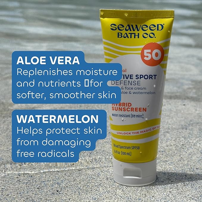Seaweed Bath Co. draft Defense SPF 50 Sport Broad Spectrum Hybrid Sunscreen Cream 3.4 Ounce (Pack of 2) Sustainably Harvested Seaweed Aloe Watermelon