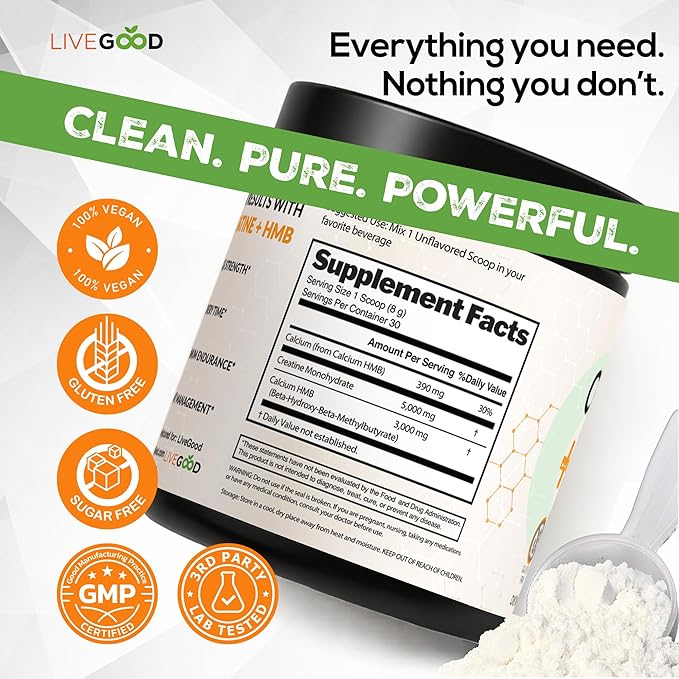 LIVEGOOD Creatine + HMB Powder Unflavored Organic Creatine Monohydrate for Strength Recovery Brain Function &amp Muscle Growth HMB Supplement Built on Clean Ingredients ? 30 Servings