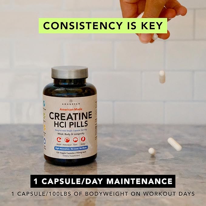 AMANDEAN Creatine HCl Pills. American Made CON-CRET. 120 Capsules. 7X Concentrated vs Monohydrate Powder. No Bloat. Muscle Energy Cognitive Recovery Support for Men &amp Women. Gluten Free Non-GM