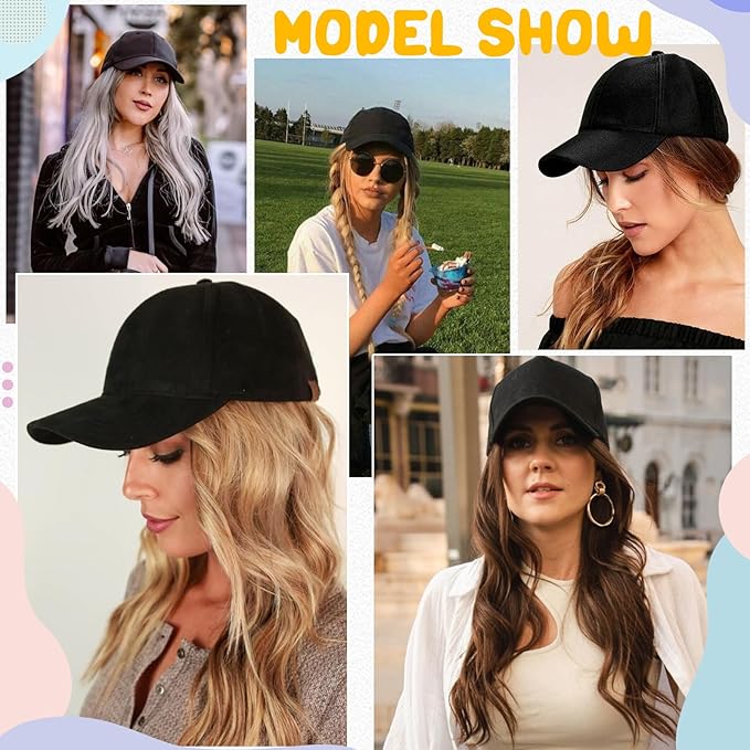 Baseball Hat WigHat with Hair attached 24'' Adjustable Black Cap with Long Wavy Synthetic Hair Extensions for Women Girls(Light Auburn)