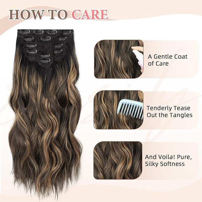 Synthetic Clip in Hair Extensions 6PCS Natural &ampSoft Hair&amp Blends Well Lonng Wavy Hairpieces(20inch6pcs Black with Brown Highlights)