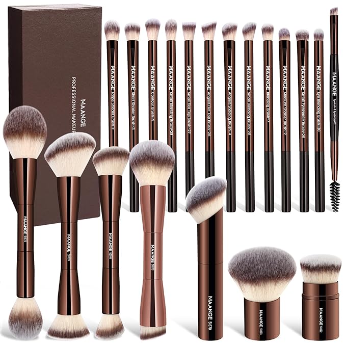 MAANGE 20 Pcs Makeup Brushes with Gift Box Double-End Multi-functional Makeup Brushes for Blending Liquid Powder Concealer Cream Blush BuffeCoffeeBrown