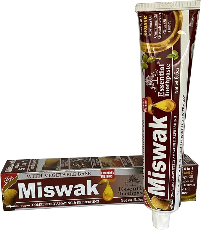 Essential Palace (Pack of 6) Organic Miswak Herbal Whitening Toothpaste - Refreshing- with Moringa Oil Cinnamon Oil Miswak Extract Olive Oil &amp Honey- 100% Fluoride Free &amp Vegetable Base - 6