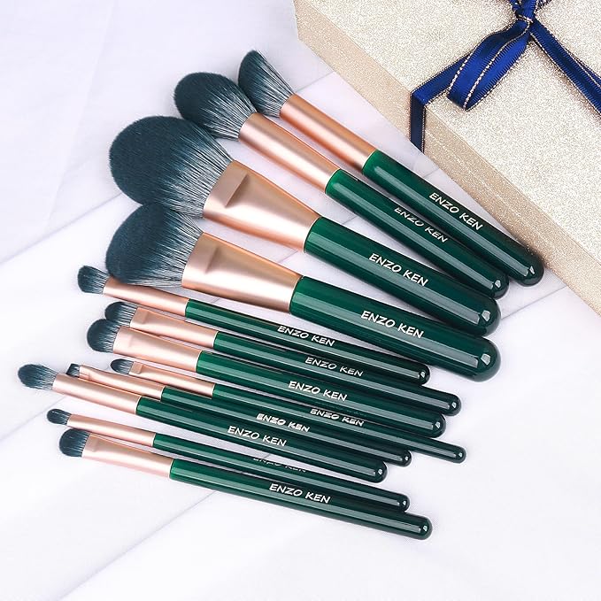 Natural Fiber &amp Goat Hair Makeup Brush Set Professional Combined Hair Makeup Brushes Set with Case by Luxury ENZO KEN Emerald Green Cosmetic Brushes Makeup Set Natural Bristle Makeup Brushes.