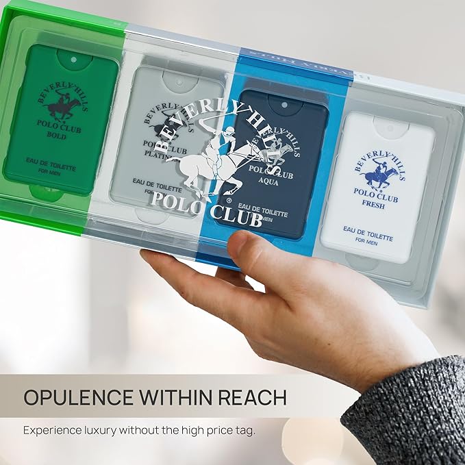 Beverly Hills Polo Club MENS 4PC 20ML POCKET SPRAY - GREEN - CONTAINS FRESH/PLATINUM/BOLD/AQUA