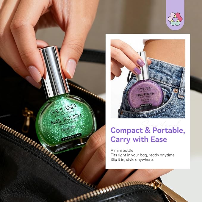 SAVILAND Nail Polish Set: Quick Dry Nail Polish 12-Free Colors Glitter Nails Polish Mermaid Pearl Winter Christmas Top Coat Polish for Women Girls Clean Nails Nail Art DIY Home Gift