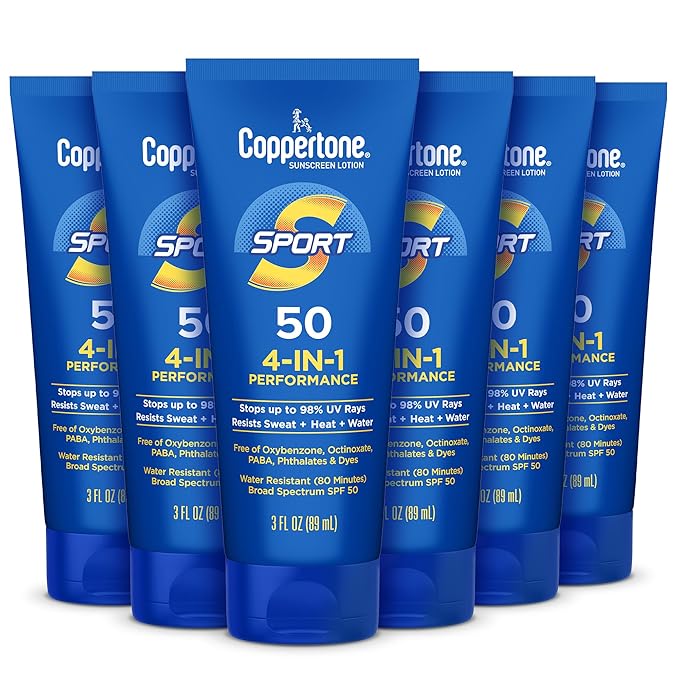 Coppertone Sport Sunscreen Lotion SPF 50 Sweat Heat and Water Resistant Sunblock Lightweight Oxybenzone Free Travel Size Sunscreen Bulk Pack 3 Fl Oz Bottle Pack of 6