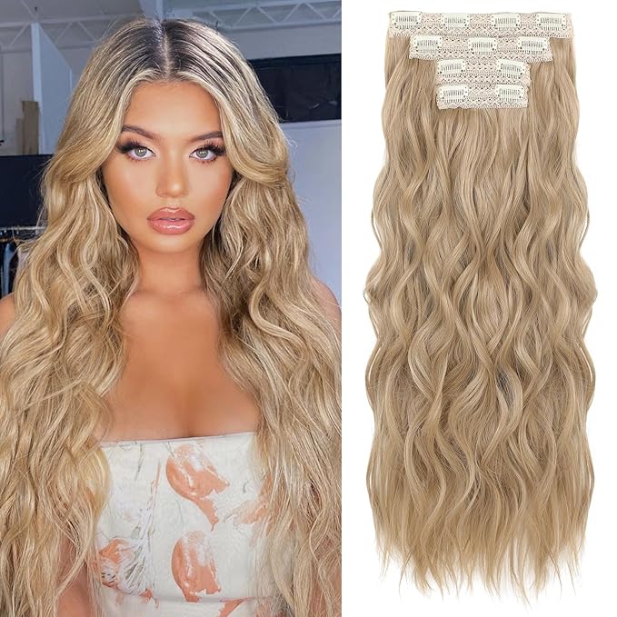 REECHO Clip in Hair Extensions 4PCS Blonde Hair Extensions 24 Thick Long Beach Waves hair extensions HE003 Invisible Lace Weft Natural Soft Hairpieces for Women ? Champagne Blonde