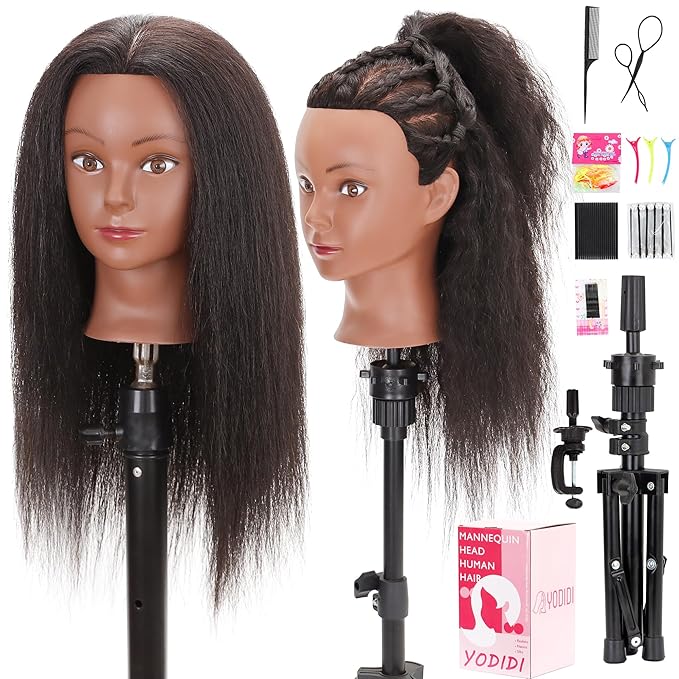 Mannequin Head with 100% Human Hair Manikin Head Human Hair Cosmetology Doll Head for Hair Styling Hairdresser Practice Braiding with Table Clamp Stand and Tools (16 inch + tripod)