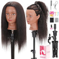 Mannequin Head with 100% Human Hair Manikin Head Human Hair Cosmetology Doll Head for Hair Styling Hairdresser Practice Braiding with Table Clamp Stand and Tools (16 inch + tripod)
