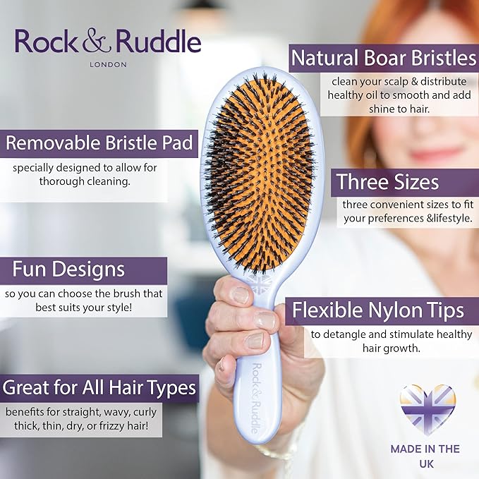 Rock &amp Ruddle Natural Mixed Boar Bristle Hair Brush for Women and Kids (Large 8.3) - Perfect for Wet or Dry Hair Detangling Smoothing Blowdrying - Designed &amp Made in UK - Tickled Pink Design