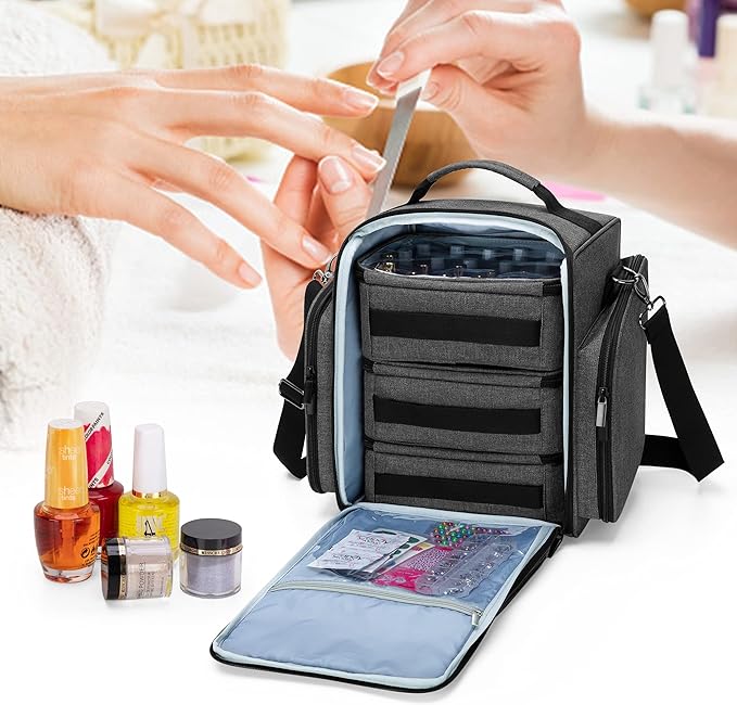 BAFASO Nail Polish Organizer Holds 72 Bottles (15ml - 0.5 fl.oz) Large Nail Polish Case with 3 Removable Pouches and Multiple Storage Sections (Patented Design) Black