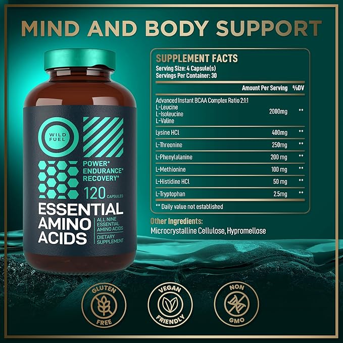 WILD FUEL Essential Amino Acids Supplement for Women and Men - All 9 BCAAs Amino Acid Complex for Power and Recovery - EAA Lysine Tryptophan Isoleucine - 2 Pack 240 Vegan BCAA Capsules