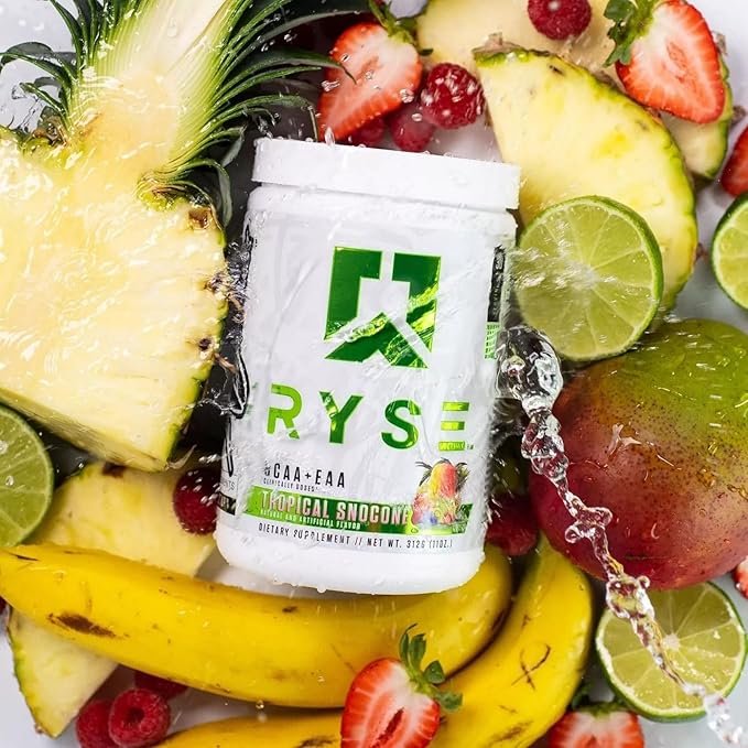 RYSE BCAA EAA Powder - Tropical Snocone - 5g Branched Chain Amino Acids 3g Essential Aminos Sugar-Free Electrolytes for Pre &amp Post Workout Muscle Recovery Hydration and Strength - 30 Servings