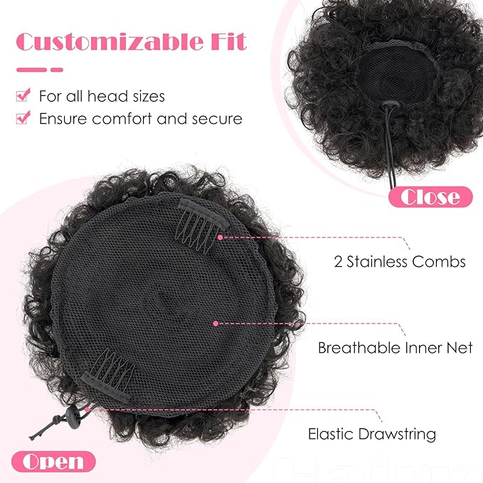 Hairro Afro Puff Hair Bun For Kids Human Hair Drawstring Ponytail Extensions For African Black Women Girls Remy Kinky Curly Scrunchy Hairpieces 40g 6 #1B Natural Black